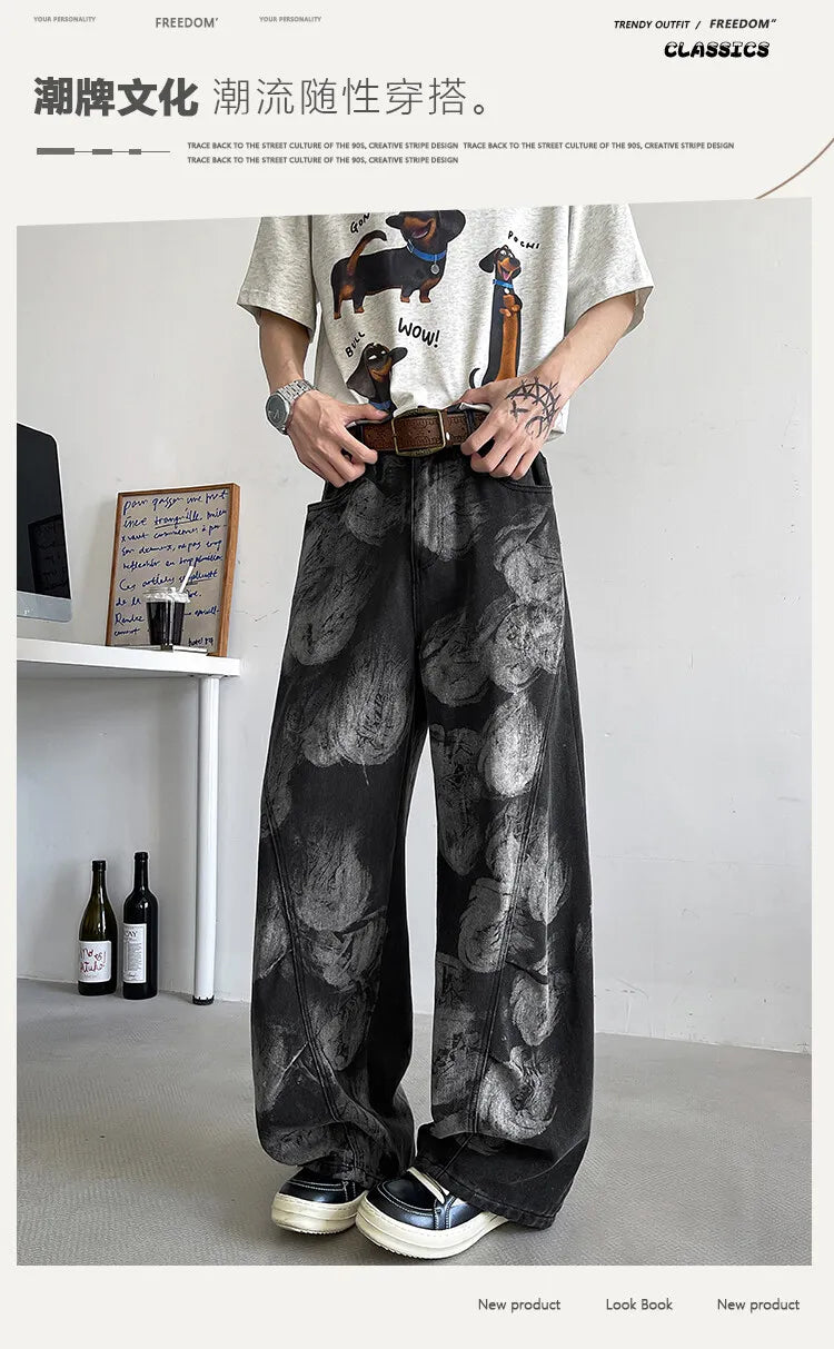 Straight Loose Fit Printed Streetwear Jeans Unisex Urban Fashion Trendy Casual Denim Pants mens Hip Hop Oversized Comfort 2023