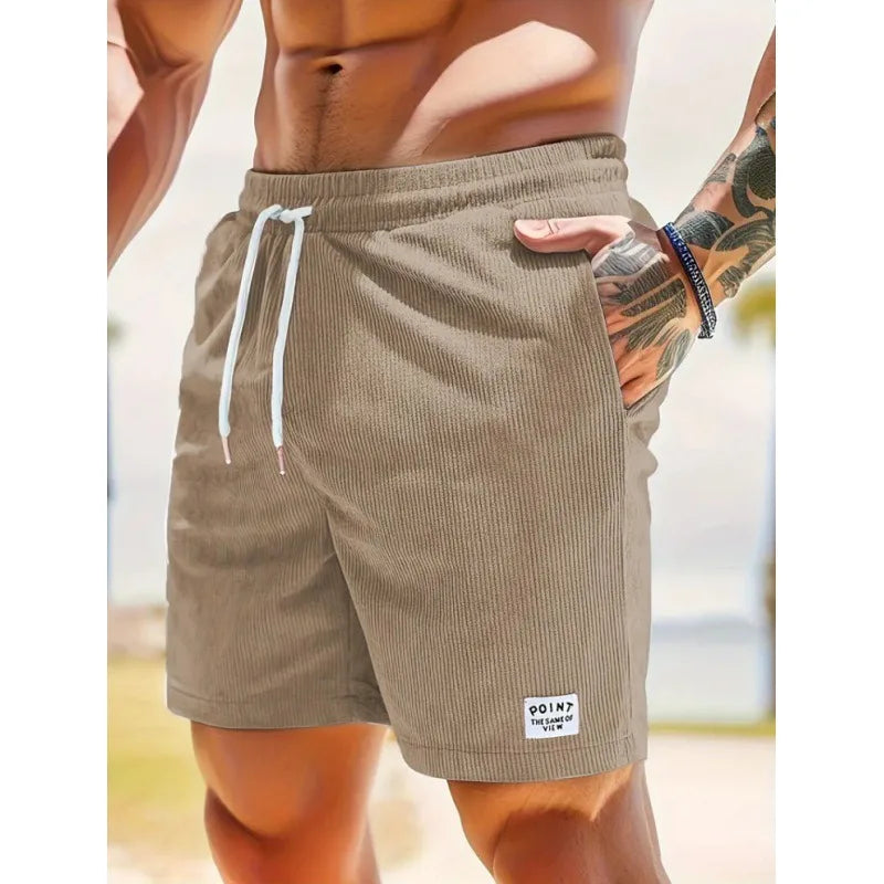 Men's Workwear Shorts Summer Casual Corduroy Loose Elastic Waist Multi-Pocket Leisure Pants Embroidery Retro Style Male Trousers