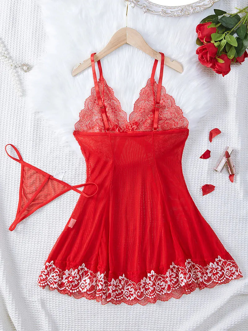 2 Piece Transparent Set Lace Bra Slim Nightgown Set With Thong Erotic Lingerie Pajamas Plus Size Porno Night Dress Sexy Babydoll