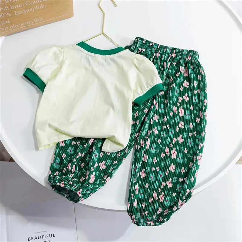 Baby Sets Girls Cute Suit Summer New Outfit Kids Short Sleeve   Cartoon T-Shirt Floral Pants 2-Piece Children Casual Clothing