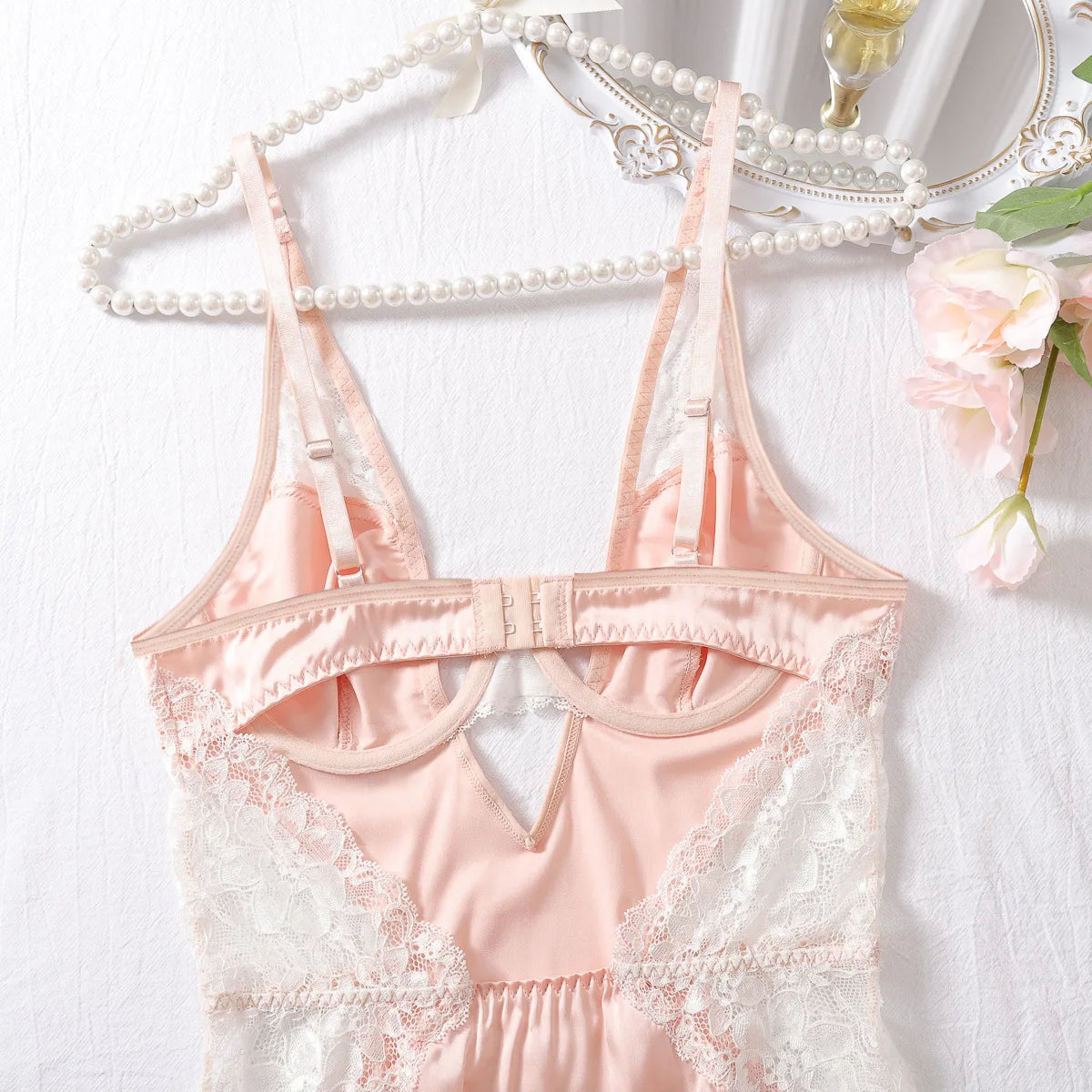 Sexy Satin Night Dress Deep V Neck Lace Trim Slip Dress Women's Silk Lingerie Elegant Sissy Nightgown Slips With Thongs Sheer