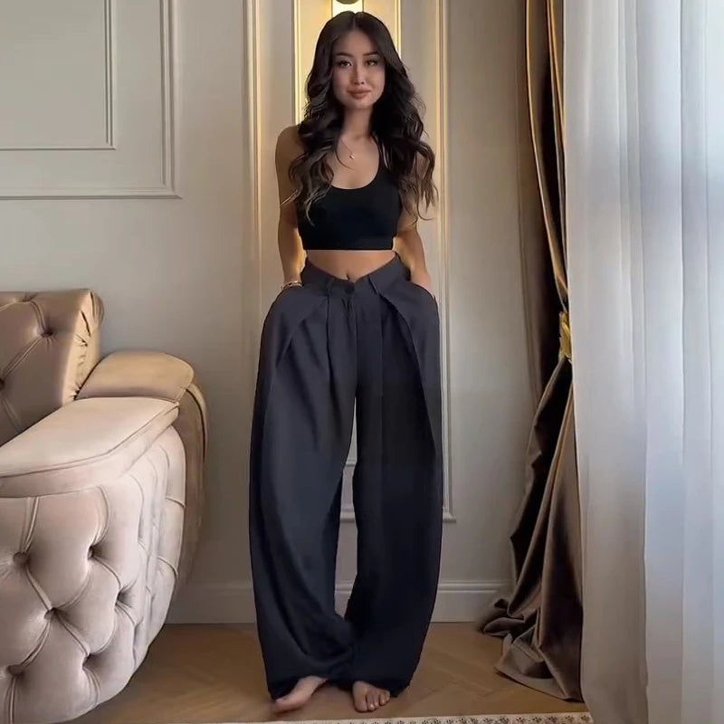Casual Zipper Shirt Pants Suit Women Solid Button Stand Collar Drawstring Shirts Loose High Waist Trousers 2026 Spring Set Lady