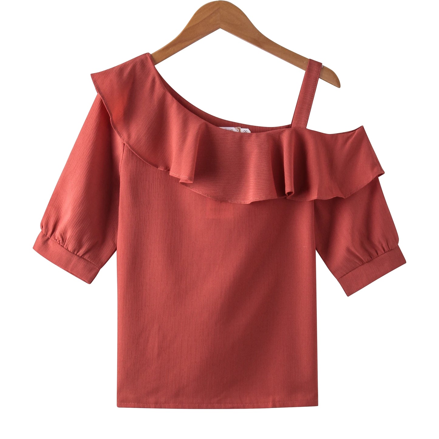 Women's One Shoulder Ruffles Chiffon Blouse Shirt Short Sleeve Pullover Acetate