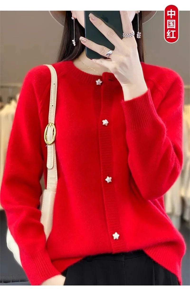 New Women Cardigan Sweater Autumn/Winter Round Neck Star Button Solid Knit Bottoming Shirt Jacket Quality Knitwear Female Tops