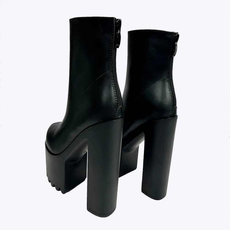 16CM Super High Heels Motorcycle Boots New Square Heel Platform Women Ankle Boots Sexy White Pleated Back Zipper Short Boots