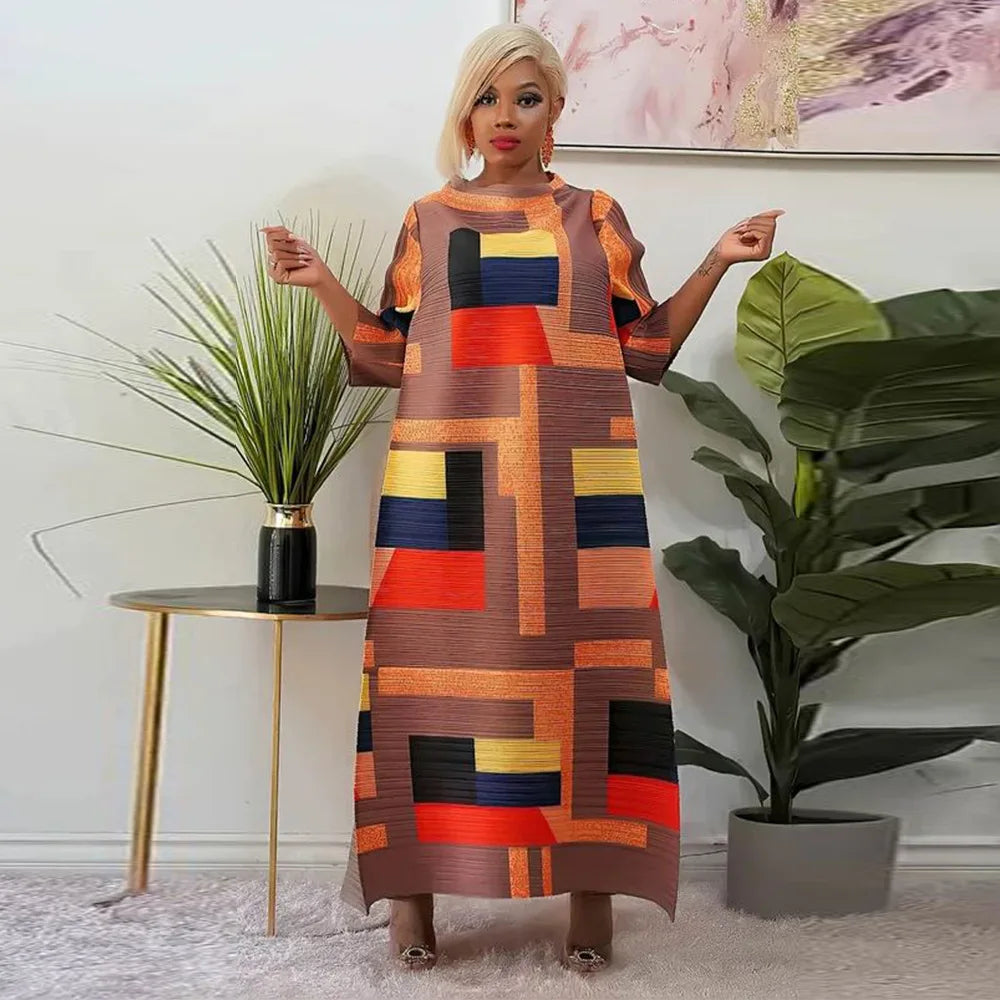 African Dresses for Women Summer Fashion Style African 3/4 Sleeve Polyester O-neck Pleated Dress Dashiki African Clothes Women