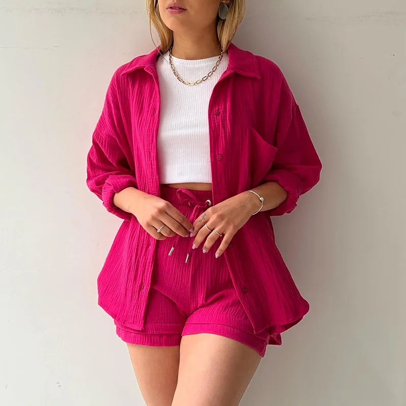 Casual Sleepwear 100% Cotton Pajamas For Women Sets Suit Turn-Down Collar Nine Quarter Sleeve Sleep Tops Shorts Female Homewear
