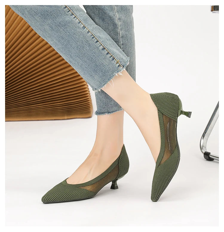 Women's High Heels 2025 New Knitted Breathable Mesh Fine Fashion Comfortable Lightweight Shoes Spring and Autumn