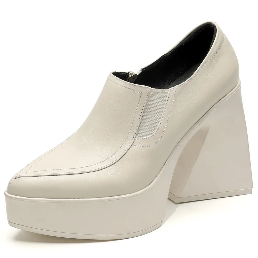 Aucegi New Spring Autumn Women Genuine Leather Pumps Classic Style Pointed Toe Platform Chunky Heel Retro Zipper Handmade Shoes