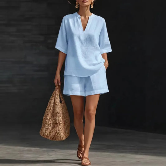 Women Casual Suits Fashion Two Pieces Sets Spring Summer Cotton Linen Loose Long Sleeve Drawstring Blouse Ruffles Shorts Set