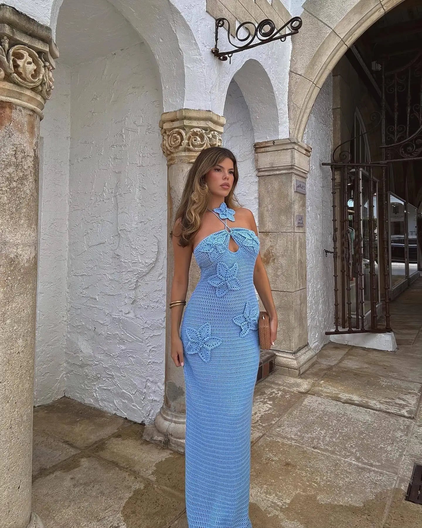 Sexy 3D Flower Knitted Dress Women  Hollow Out Halter Sleeveless Beach Long Dresses Female 2024 Summer Vacation Ladies Vestidos