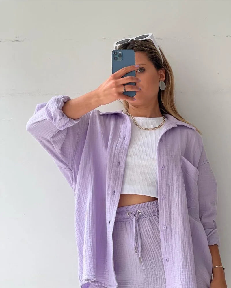 Casual Sleepwear 100% Cotton Pajamas For Women Sets Suit Turn-Down Collar Nine Quarter Sleeve Sleep Tops Shorts Female Homewear