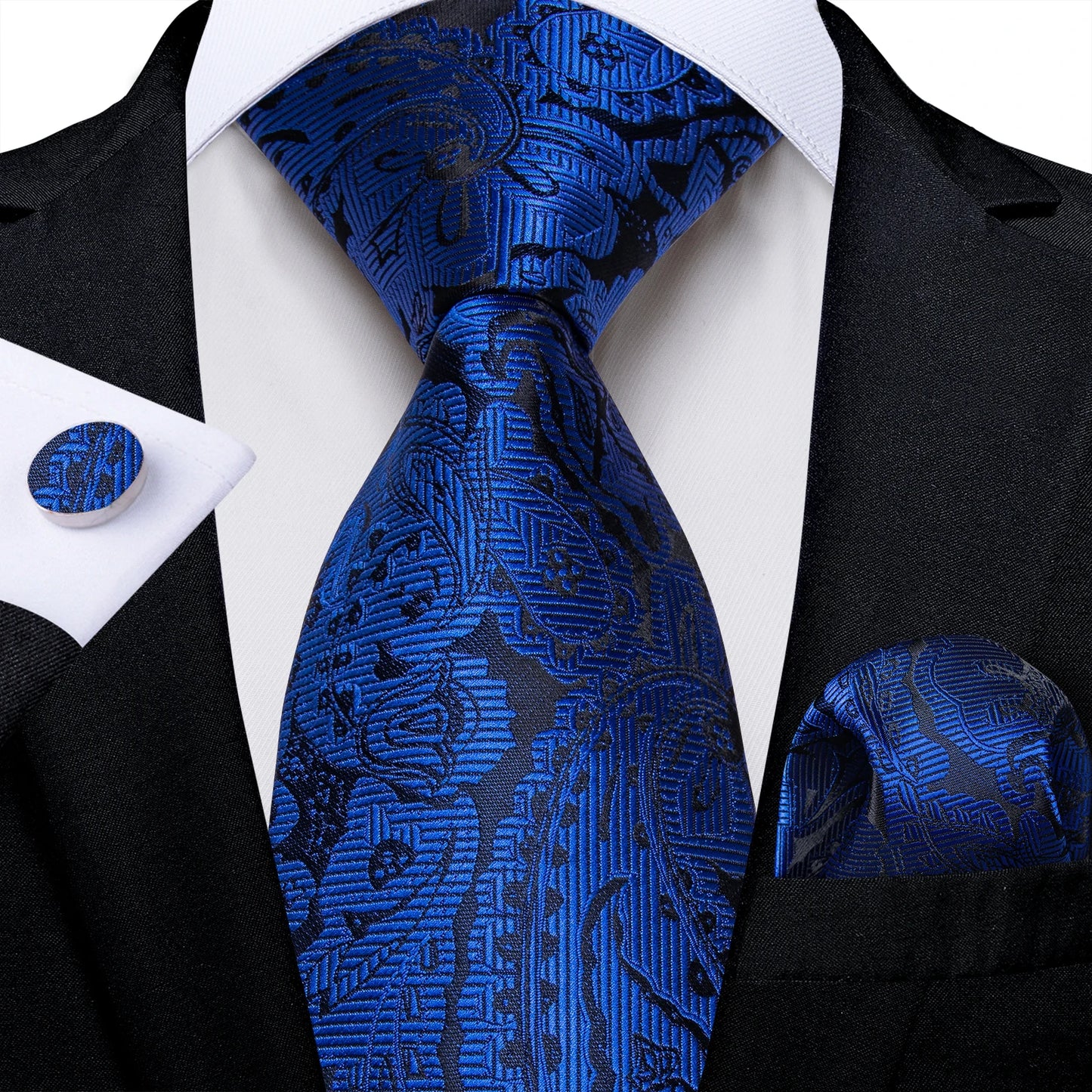 Royal Blue Paisley Plaid Striped Men tie Set with Handkerchief Cufflinks Wedding Prom Groom Accessories Perfect Gift for Men BAZAARHUBO