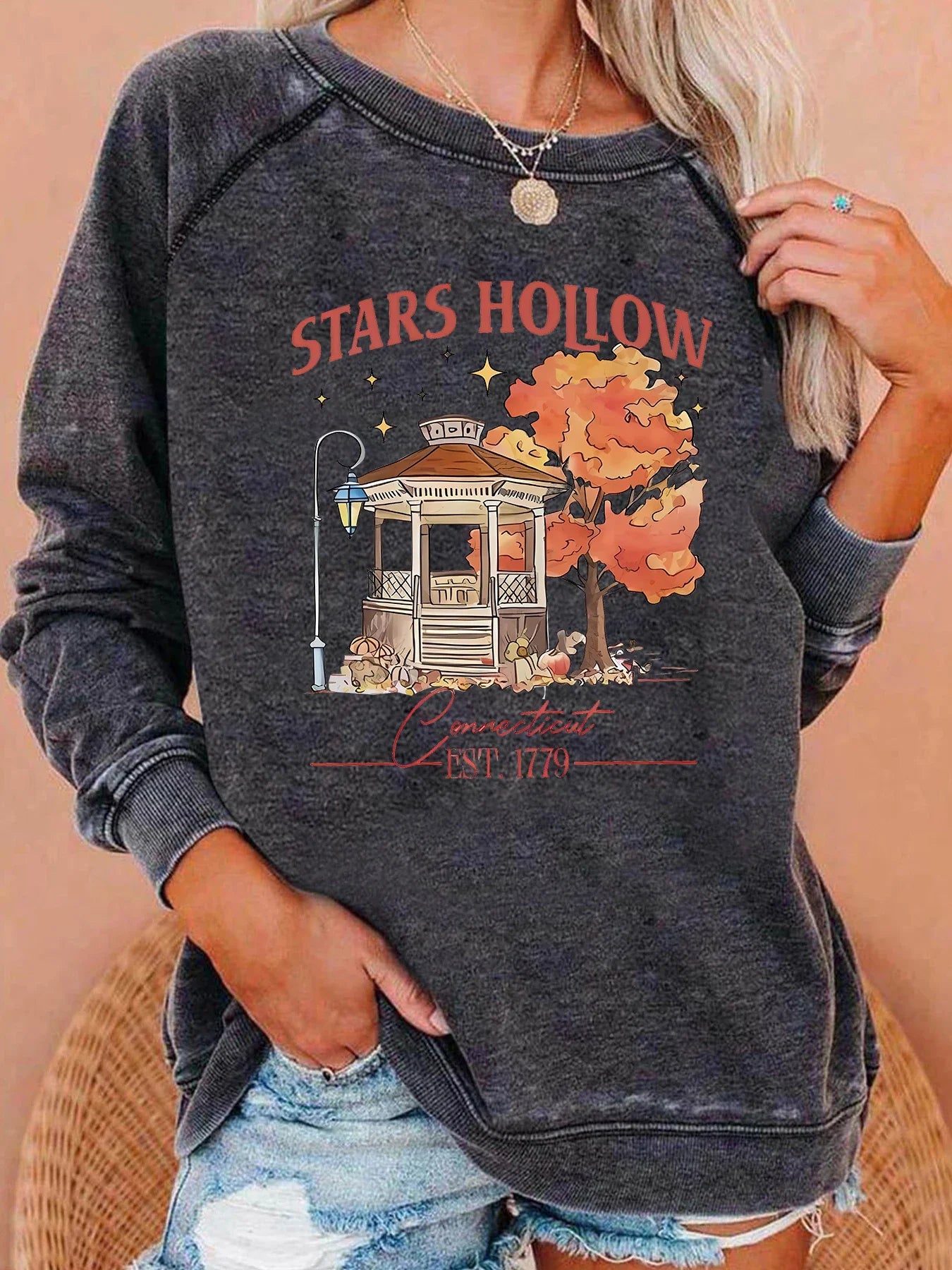 Stars Hollow Fashion Autumn Garden Print Women Sweatshirt Long Sleeve raglan Shoulder Casual Top Women Clothes for Fall & Winter