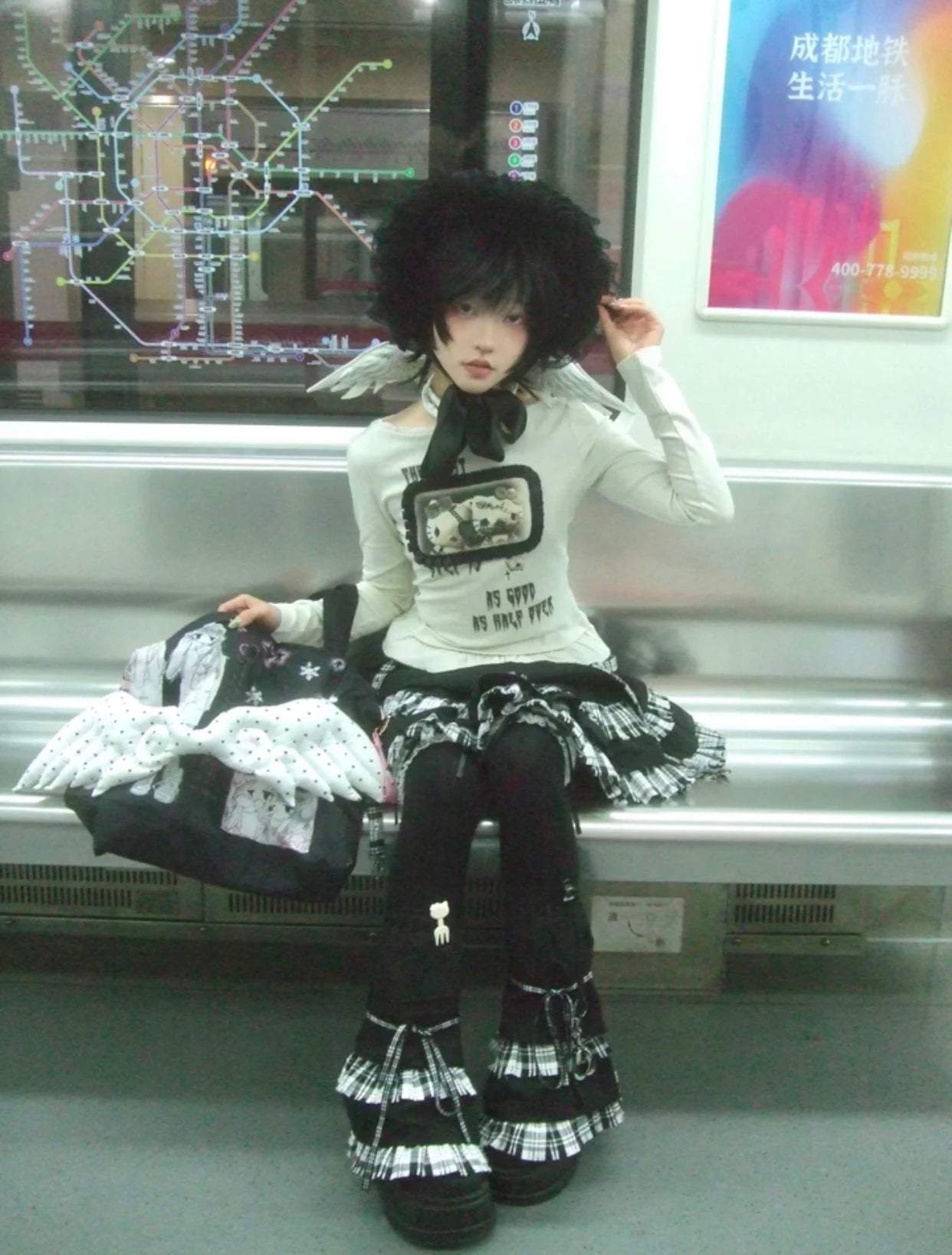 Karrram Japanese Y2k Anime Print T-shirt Trashy 2000s Style Long Sleeve T Shirt Vintage Harajuku Lace Patchwork Tops Grunge 90s