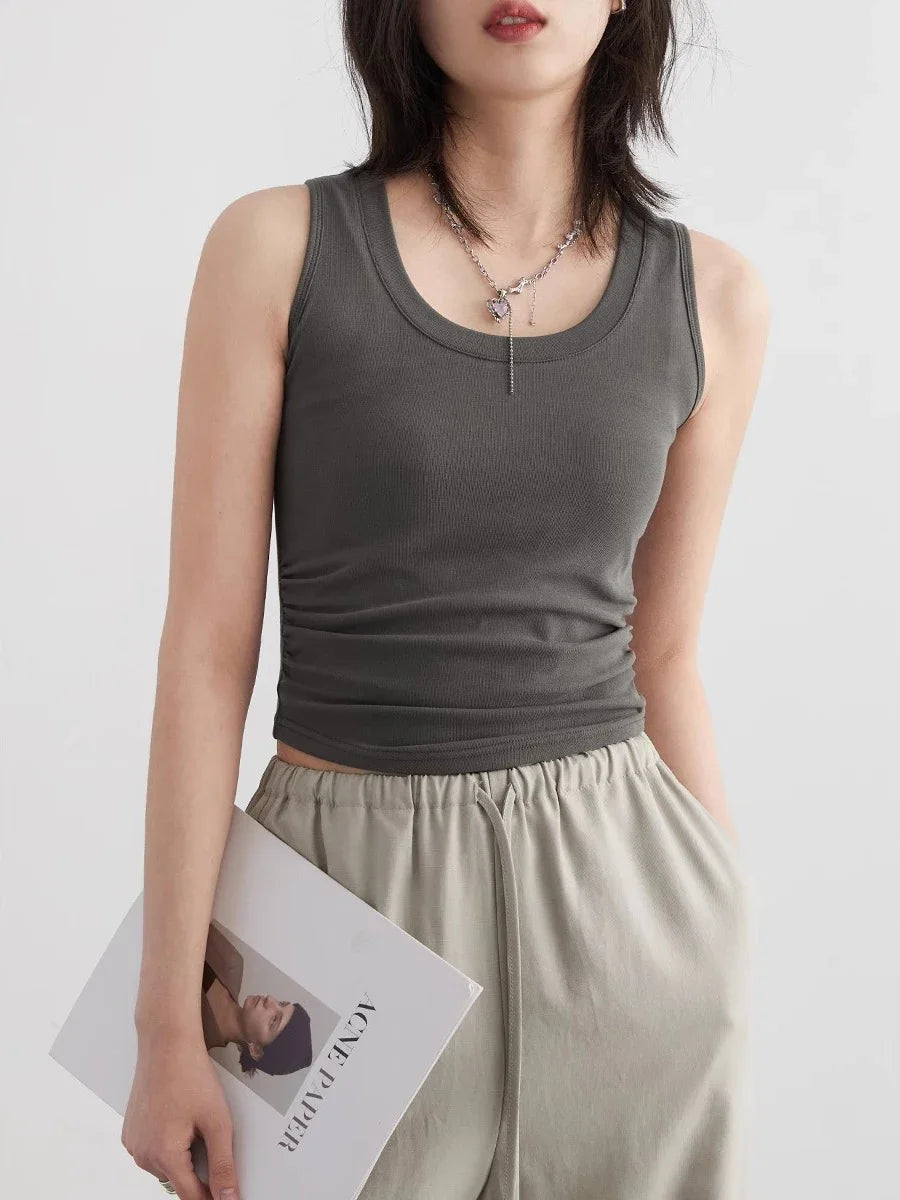 CHIC VEN Women Tanks New Solid Color Tees U-neck Pleated Vest Suspender Sleeveless Slim Female Top Spring Summer 2024