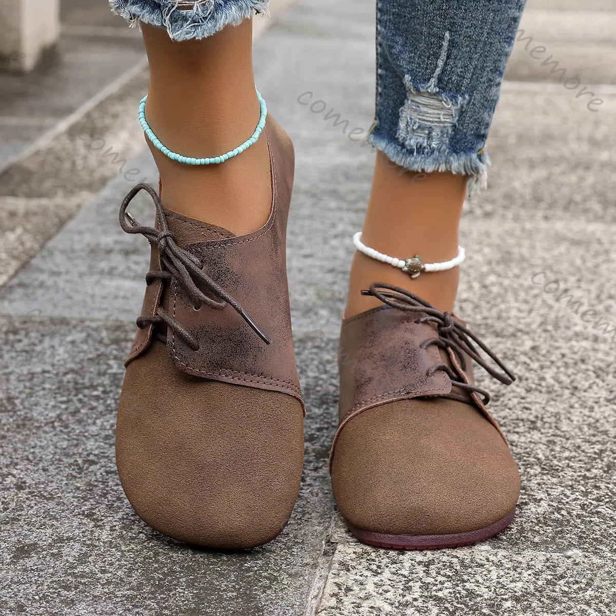 Comemore Spring Women's Flat Shoes Fashion Round Toe Lightweight Lace-up Soft Single Shoes Outdoor Casual Sneakers Mocasines