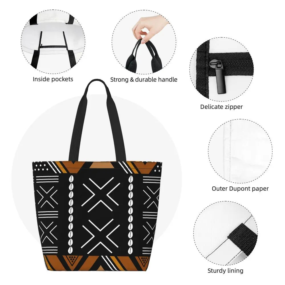 African Ankara Prints Grocery Shopping Tote Bags Women Geometric Ethnic Art Canvas Shoulder Shopper Bags Big Capacity Handbag