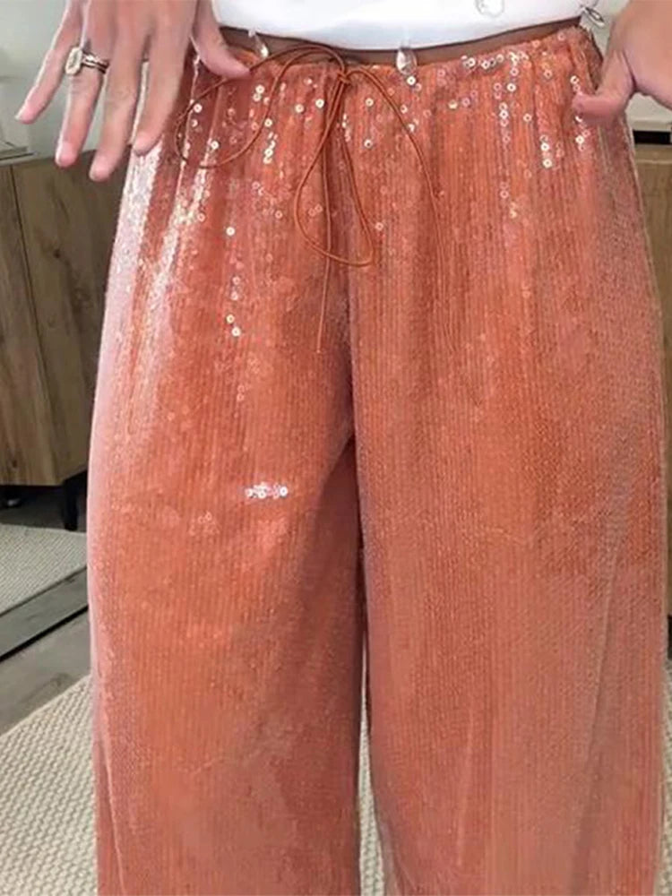 Women Sequin Pants Cinched Waist Glitter Baggy Straight Long Trousers