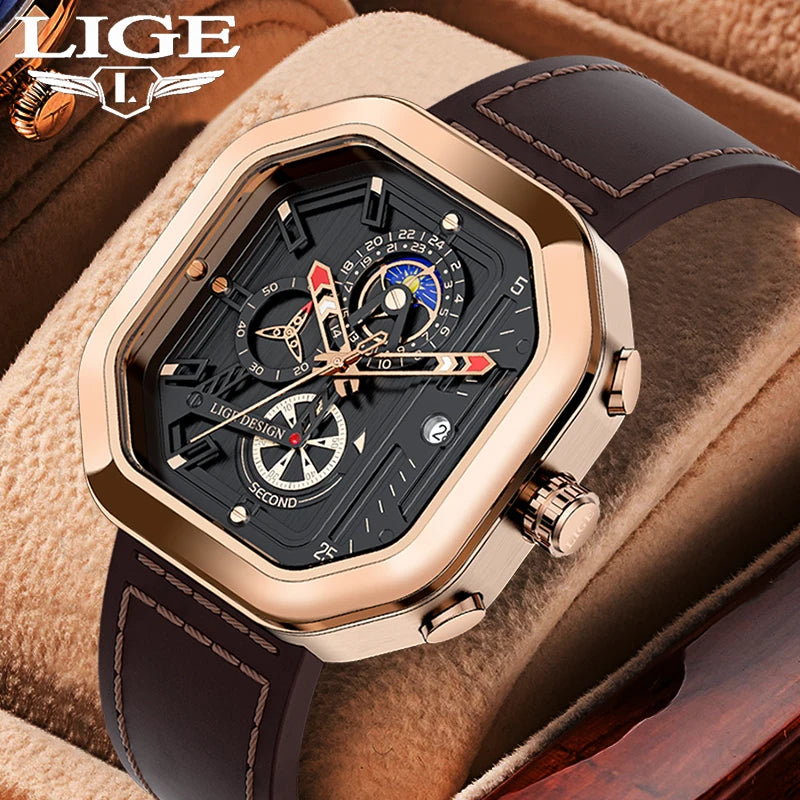 2025 LIGE Business Leather Watch For Men Top Brand Luxury Mens Watches Waterproof Quartz Wrsitwatch 24 Hours Moon Phase Clock