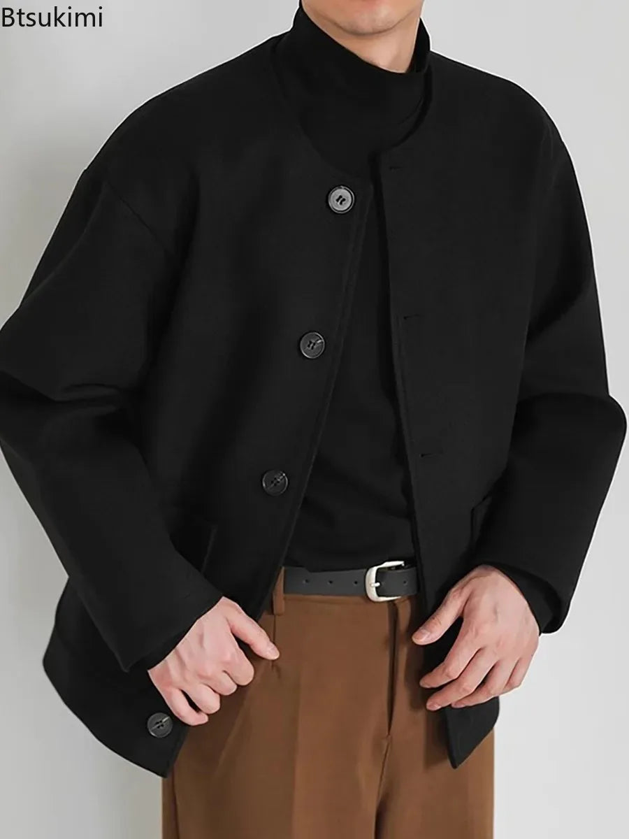 Korean Style Popular Double Side Jackets for Men Light Luxury Solid Fashion Button-up Neckless Woolen Coats Men Leisure Jackets