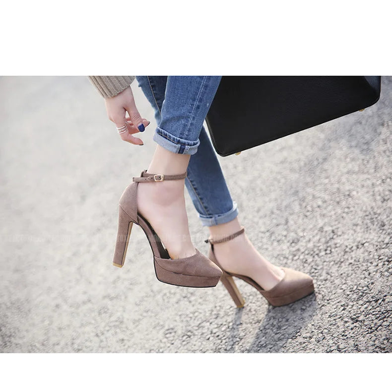 Black Platform Pumps for Women 14cm Spike Heels Ankle Strap Sexy Fashion High Heels Party Wedding Shoes Ladies