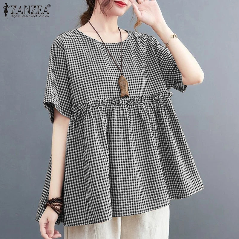 2025 ZANZEA Women Plaid Checked Blouse Summer Casual O Neck Short Sleeve Blusas Loose Tops Stylish Ruffled Work Shirt Oversize