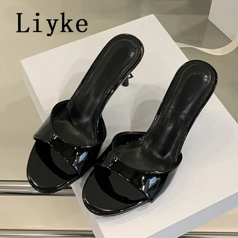 Liyke White Patent Leather Women Slippers Sandals Fashion Round Open Toe Thin High Heels Mules Slides Summer Party Dress Shoes
