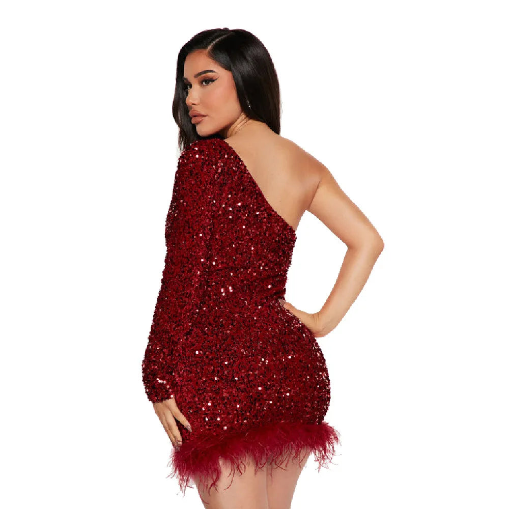 Sexy and Elegant Women's Party Dress Long Sleeved Diagonal Shoulder Off Shoulder Sparkling Edge Sequin Tight Women's Prom Dress
