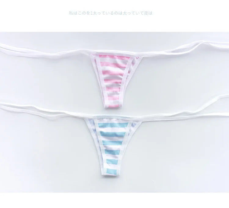 Sexy Japanese Style  Blue White Stripe Bikini Swimsuit Striped Halter Micro Bikini Set Love Female StudenLolita Kawaii Swimsuit
