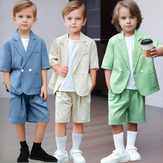 Boys Casual Suit Set Summer Short Sleeve Blazer Shorts 2-piece School Teens Kids Performance Outfit Flower Child Wedding Costume