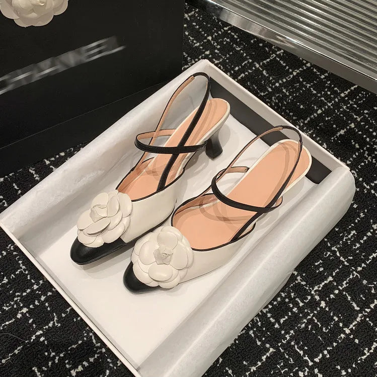 NEW Summer Women Sandals Split Leather Shoes for Women Round Toe High Heel Modern Sandals Flower Slingback Mixed Colors Shoes