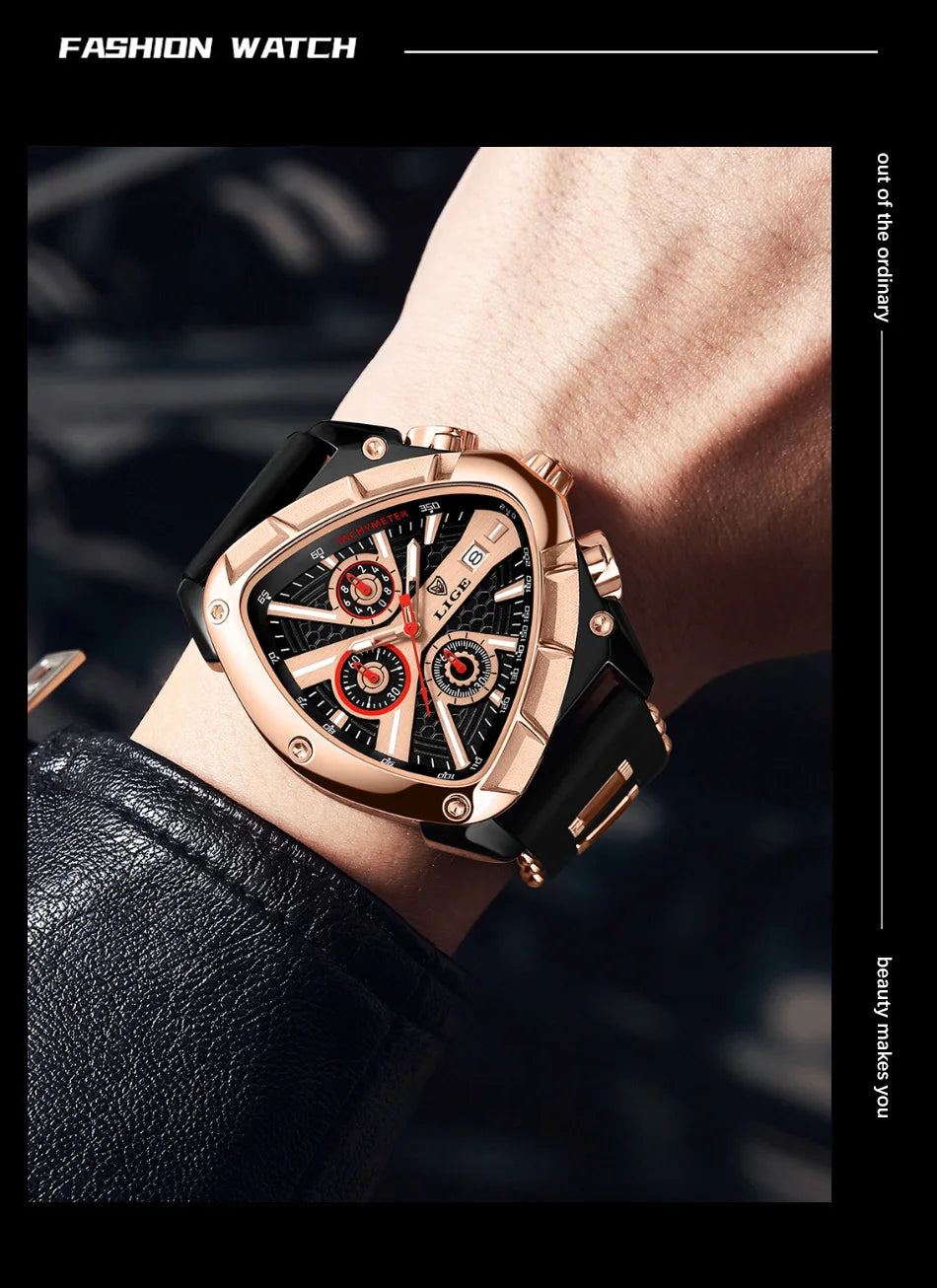 LIGE Sports Triangle Mens Watches Luminous Pointers Fashion Rubber Strap Military Irregular Quartz Wristwatch Waterproof  Watch