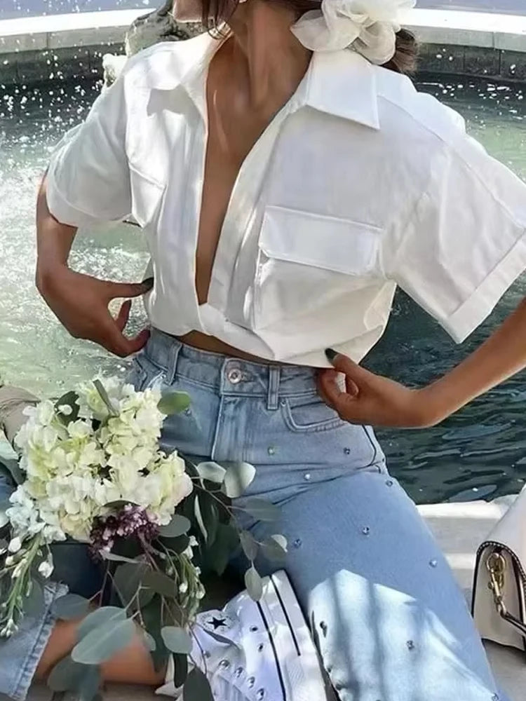Women Fashion Front Knot Elastic Linen Cropped Shirts Vintage Short Sleeve Patch Pockets Female Blouses Blusa Chic Tops