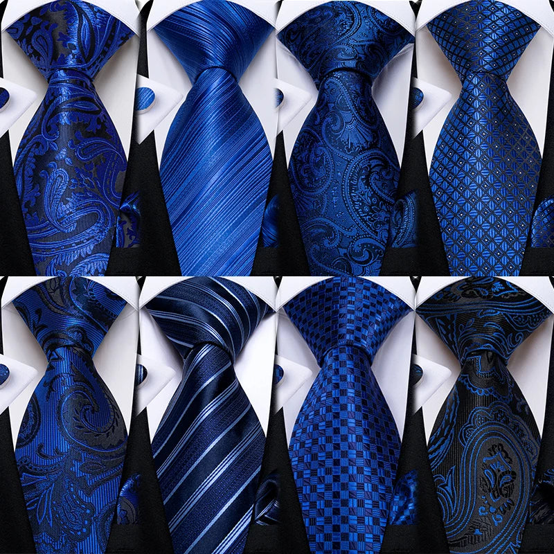 Royal Blue Paisley Plaid Striped Men tie Set with Handkerchief Cufflinks Wedding Prom Groom Accessories Perfect Gift for Men BAZAARHUBO