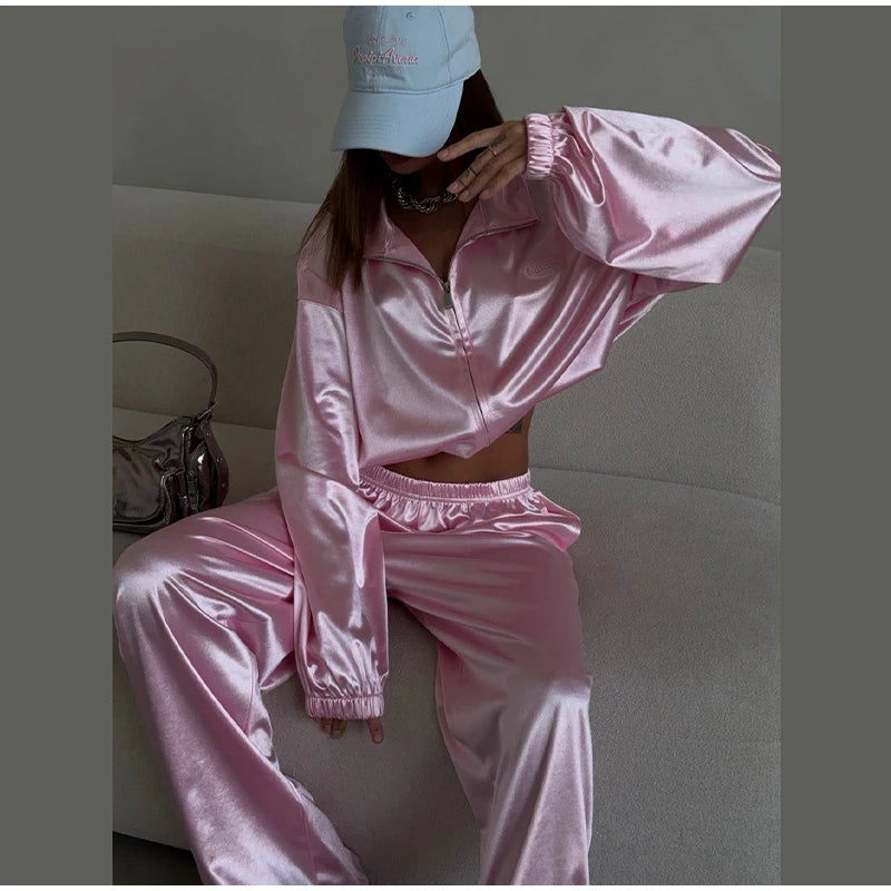 2026 Spring Satin Embroidered Zip-Up Jacket Wide Leg Pants Set Oversized Slouchy Women 2 Pcs Outfit Cool Lady Co-ord Streetwear