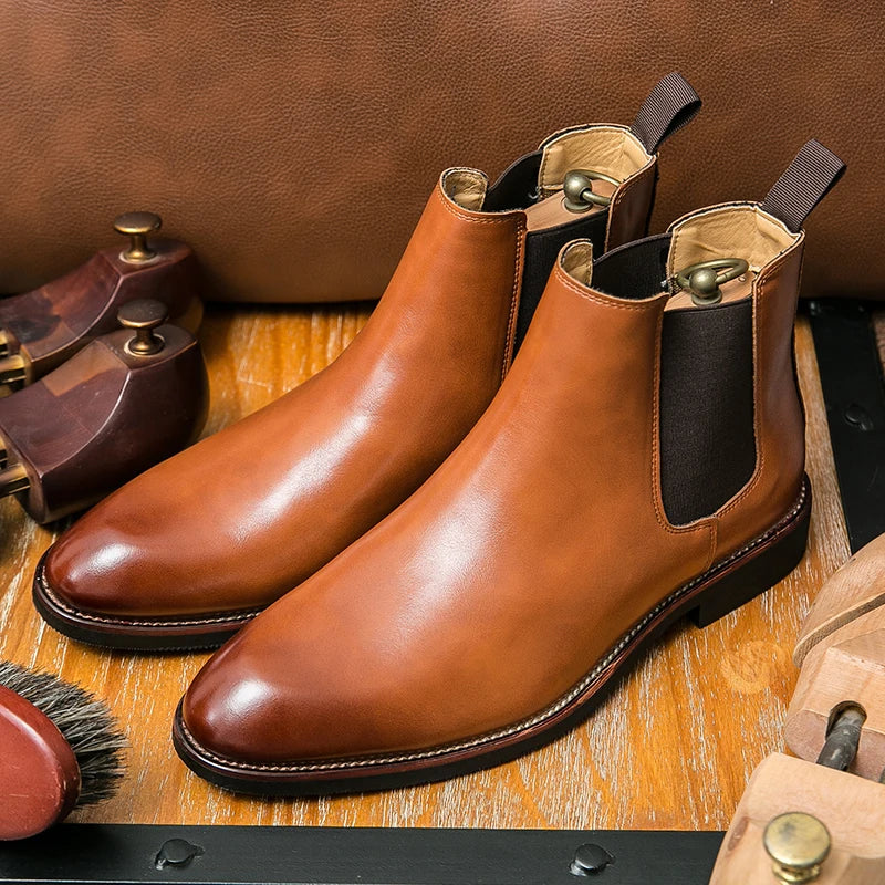 2025 Men's Fashion Chelsea Boots Classic Trendy Soft Leather Upper Non-Slip Rubber Sole Daily Casual Resistant Ankle Dress Boots