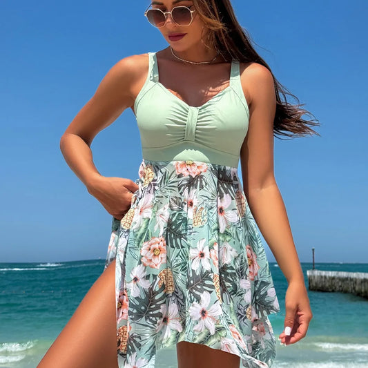 2025 Women Tropical Printed Dress Swimwear Tankini Set High Waist Swimsuit Large Size Quick Drying Bathers Bathing Beachwear