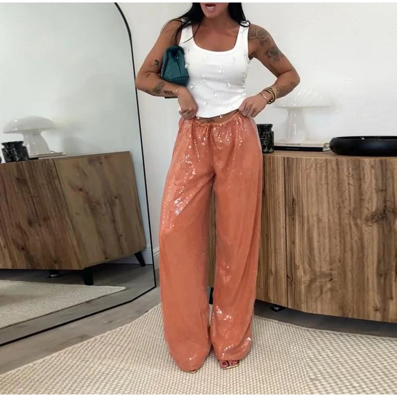 Women Sequin Pants Cinched Waist Glitter Baggy Straight Long Trousers
