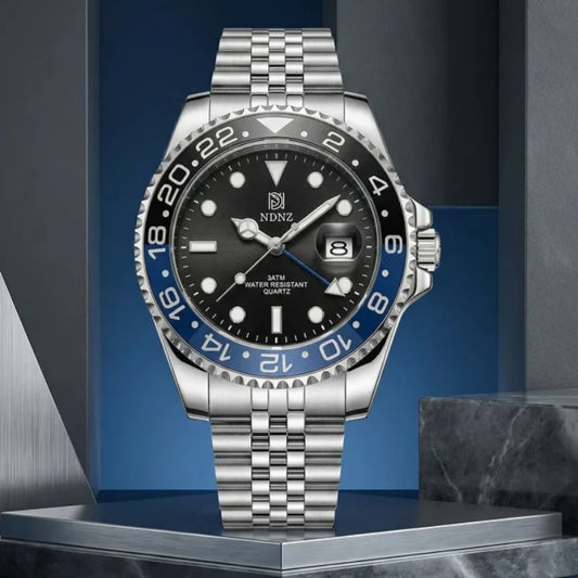 Men's GMT Style Quartz Watch, 3ATM Waterproof Stainless Steel Band, Black Blue Bezel Luminous Wristwatch with Date Display
