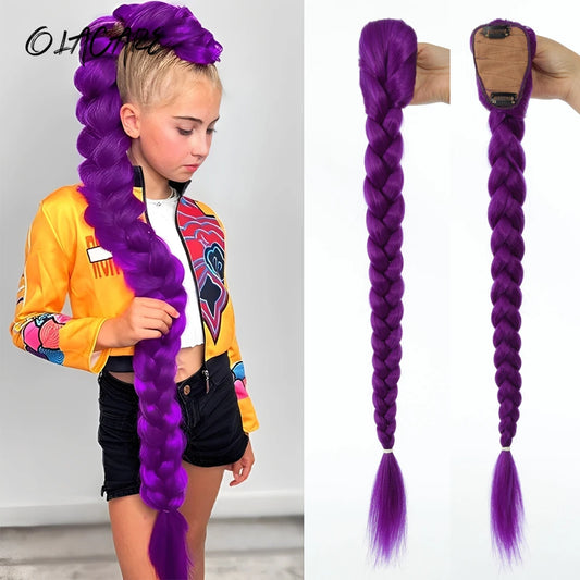 Synthetic 26inch Long Ponytail with Clips Braided Purple Hair Ponytail Rumi Costume Hairstyle for Kids Girls Halloween Christmas
