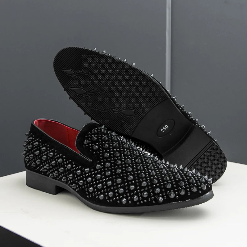 Men's Fashion Suede Leather Rivet Loafers Mens Casual Printed Moccasins Oxfords Wedding Shoes Man Party Driving Flats EU size 47