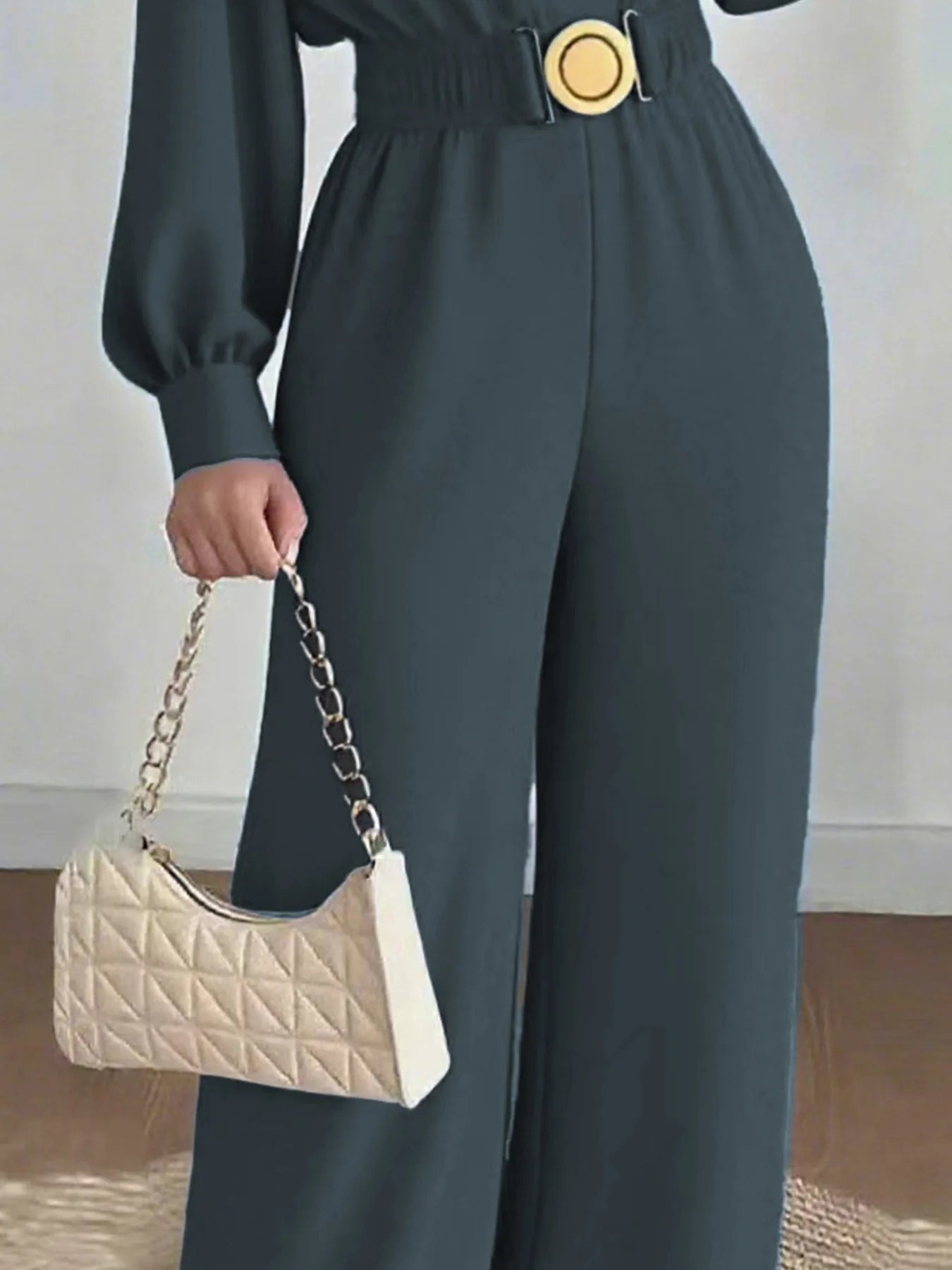 V Neck Solid Long Jumpsuits Fashion Commuting Belt Lace-Up Puff Sleeves Wide Legger Romper Casual Long Sleeve Women's Playsuit