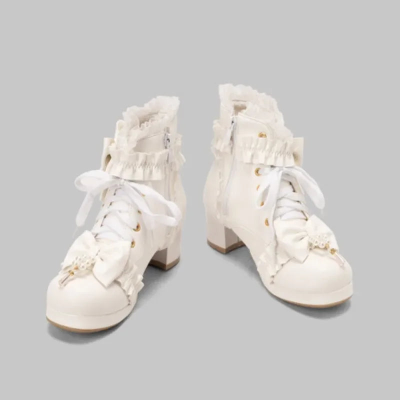 Lolita Great Quality Block High Heels Women Ankle Boots White Shoes Lace Decor Lace Up Chunky Heeled Bow Boots for Women Verclo