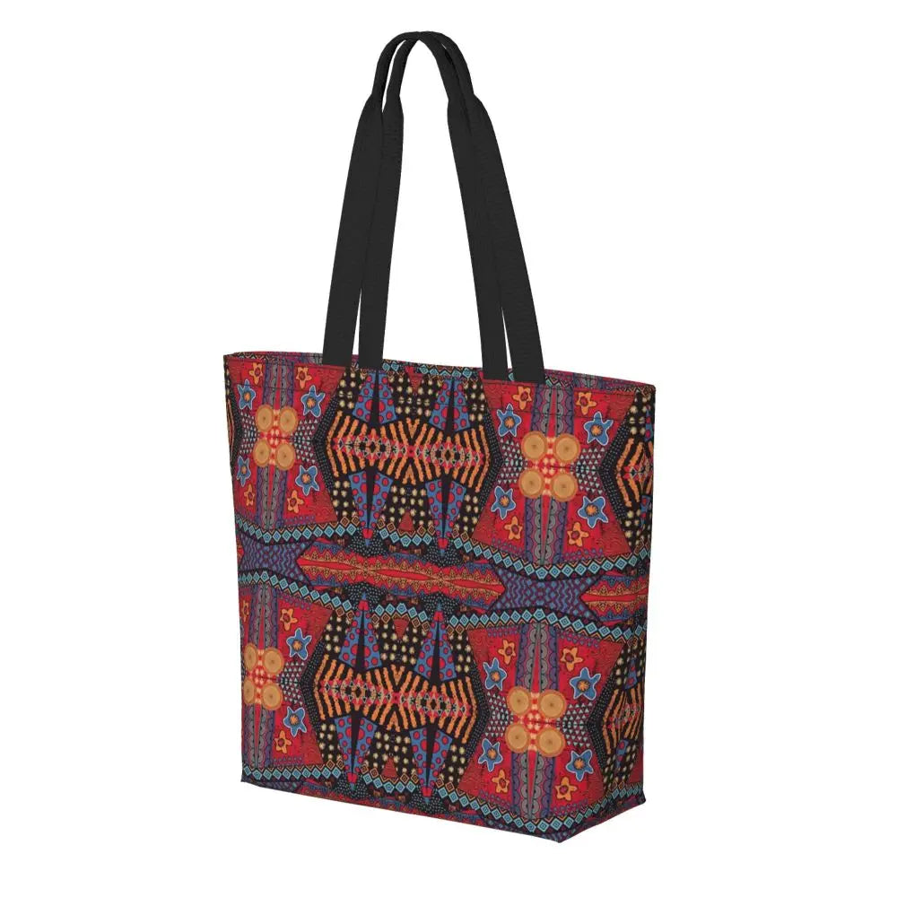 African Ankara Prints Grocery Shopping Tote Bags Women Geometric Ethnic Art Canvas Shoulder Shopper Bags Big Capacity Handbag