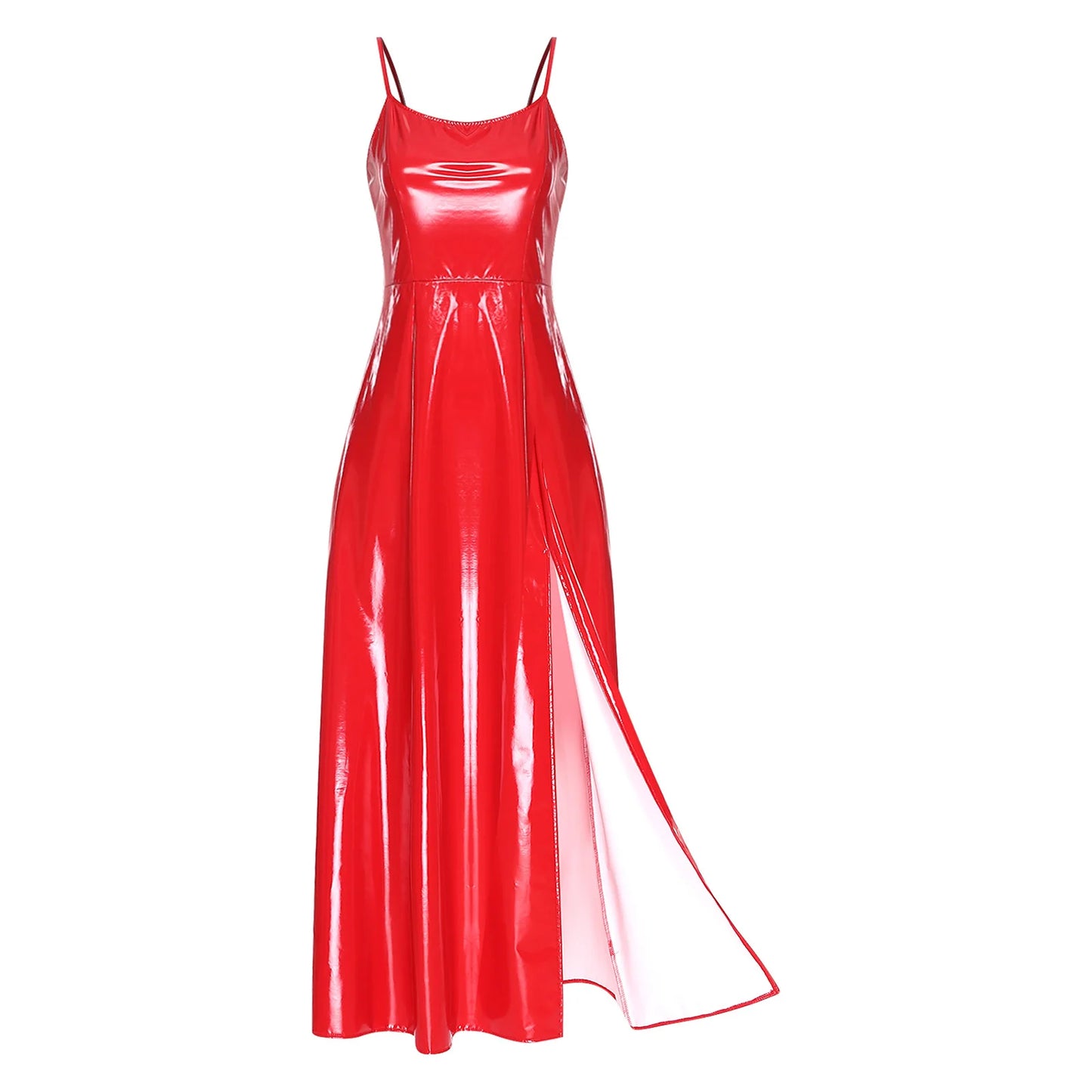 Womens Gothic Punk Glossy Maxi Dress PU Leather Side Slit Hem Back Lace-up Sling Bodycon Dress Raves Party Costume Clubwear