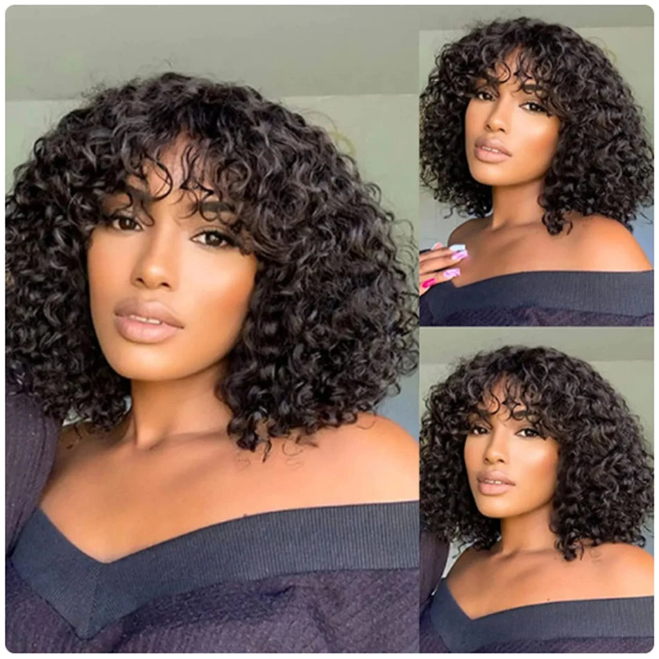 Short Curly Bob Human Hair Wig With Bangs Deep Curly No Lace 250 Density Brazilian Virgin Remy Fringe Human Hair Wigs Easy To Go