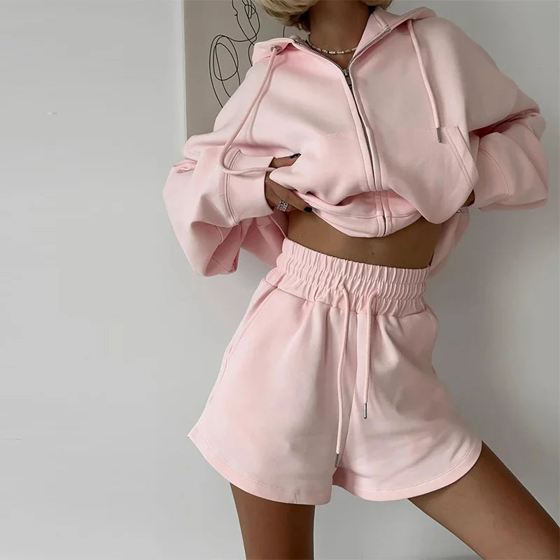 Fashion Women's Hoodie Shorts Pants Long Sleeve Pocket Lace Up Short Pants Lady Set 2025 Summer Autumn Casual 2 Piece Set Women