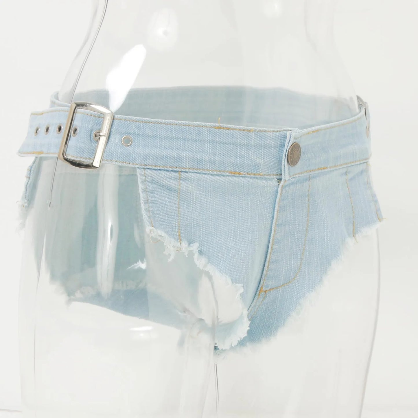 Summer Blue Denim Shorts Woman Sexy Low Waist Hollow Out Micro Shorts Ripped Distressed Adjustable Waist Hot Pants Mini Shorts
