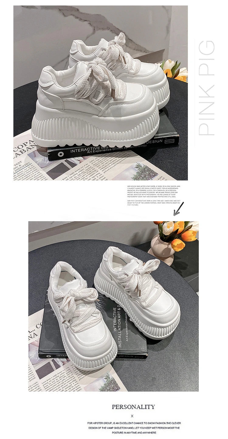 8.5CM New Synthetic Microfiber Leather Women Platform Wedge Ladies Chunky Sneakers 2024 High Brand Fashion Vulcanize Pumps Shoes